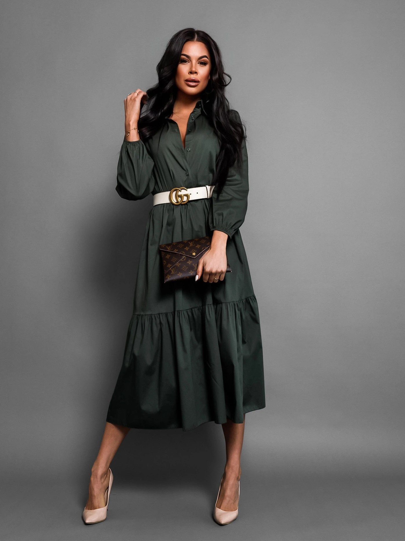 Khaki košilové šaty ANITE s dlouhým rukávem - Obrázek 3