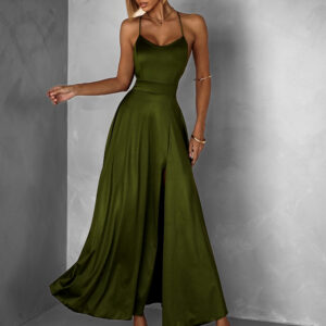 Khaki saténové midi šaty SIMUEL se šněrováním Velikost: ONESIZE