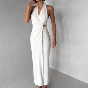 Krémové dlouhé elegantní společenské šaty KALIXA s výstřihem Velikost: ONESIZE