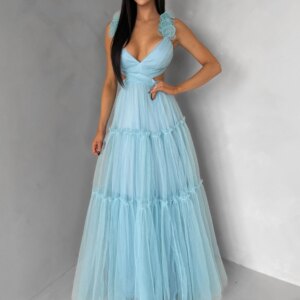 Mentolové tylové plesové šaty NALASI s průstřihy Velikost: L