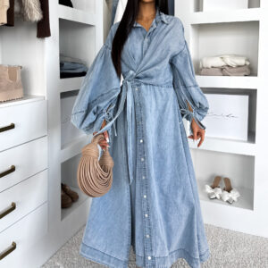 Modré džínové maxi šaty VYLARA s dlouhým rukávem Velikost: M/L