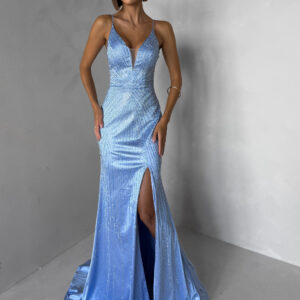 Modré plesové dlouhé třpytivé šaty RAVELLE s rozparkem Velikost: M