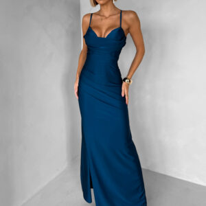 Petrolejová dlouhé saténové společenské šaty ORIXY s výstřihem Velikost: ONESIZE