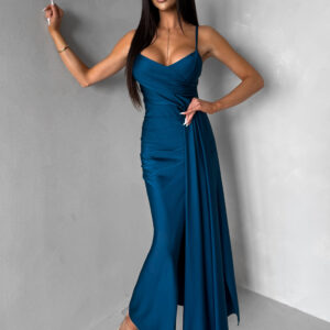 Petrolejové dlouhé společenské šaty OLIRYA s výstřihem Velikost: ONESIZE