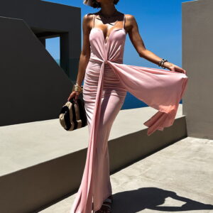 Růžové dlouhé elegantní šaty DIMIS s výstřihem Velikost: ONESIZE