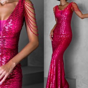 Růžové dlouhé plesové třpytivé šaty KARMA s flitry Velikost: L