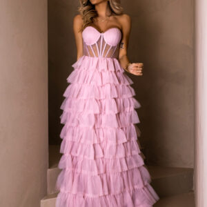 Růžové tylové plesové šaty ARIADNA s volánky Velikost: S