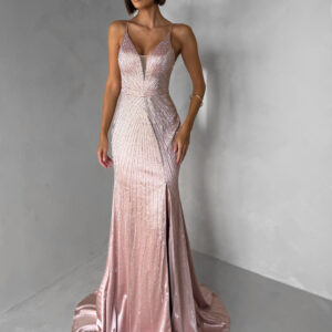 Starorůžové luxusní plesové třpytivé šaty RAVELLE s rozparkem Velikost: M