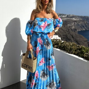 Světle modré elegantní šaty AMONA s květinovým vzorem