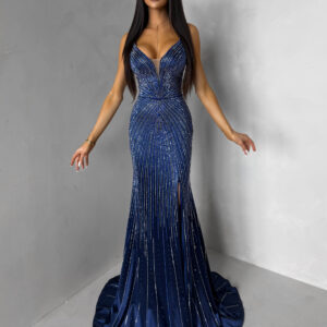 Tmavě modré plesové třpytivé dlouhé šaty RAVELLE s rozparkem Velikost: M