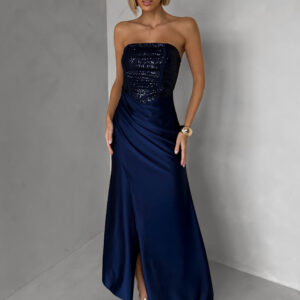 Tmavě modré třpytivé korzetové společenské šaty AVENZA s rozparkem Velikost: ONESIZE