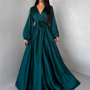 Tmavě petrolejové dlouhé saténové šaty WOMAN s páskem Velikost: ONESIZE