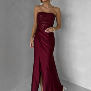 Vínové třpytivé korzetové společenské šaty AVENZA s rozparkem Velikost: ONESIZE