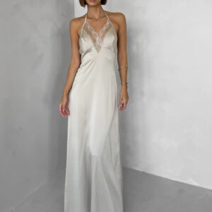 Béžové dlouhé saténové šaty FORTYK s krajkou Velikost: ONESIZE