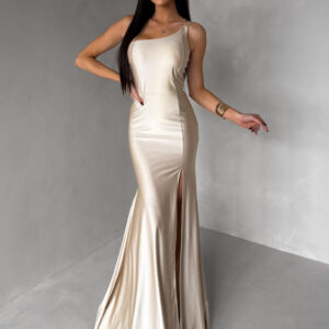 Béžové společenské dlouhé šaty GAREVIA s rozparkem Velikost: ONESIZE