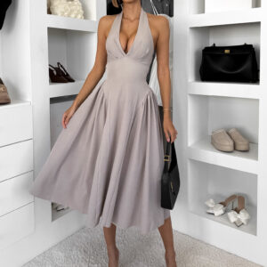 Béžovošedé tvarující vypasované áčkové midi šaty VORTA Velikost: ONESIZE