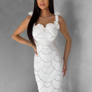 Bílé luxusní společenské šaty SOLIVARA s perlami Velikost: L