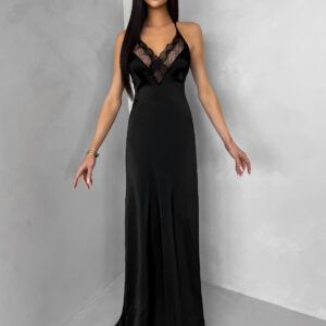 Černé dlouhé saténové šaty FORTYK s krajkou Velikost: ONESIZE