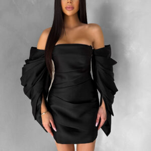 Černé koktejlové mini šaty TUVIANA s nabíranými rukávy Velikost: L