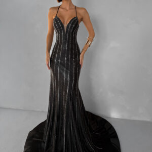 Černé plesové luxusní dlouhé třpytivé šaty GALDYNE s rozparkem Velikost: XL