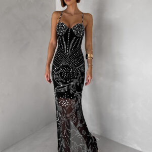 Černé třpytivé dlouhé šaty ORYNTHIA na ramínka Velikost: L