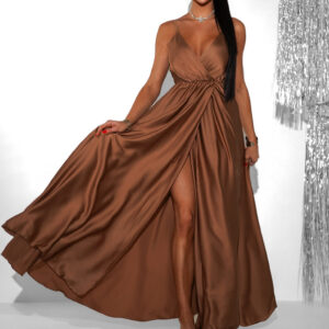 Hnědé dlouhé saténové šaty PERFECTLY Velikost: ONESIZE