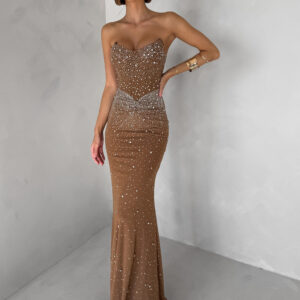 Hnědé nude třpytivé dlouhé šaty XANDERA Velikost: L