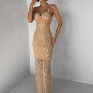 Hnědé třpytivé nude dlouhé šaty ORYNTHIA s kamínky Velikost: L