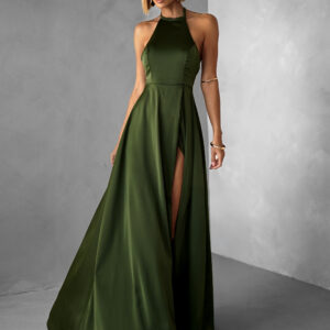 Khaki dlouhé saténové šaty HAMBUR Velikost: ONESIZE