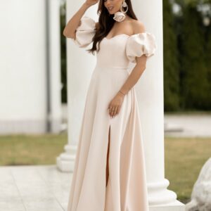 Krémové elegantní luxusní dlouhé šaty LAVIRA s rukávky Velikost: L