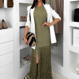 Olivové dlouhé šaty CYLARA s třásněmi Velikost: M/L