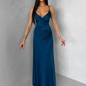 Petrolejové dlouhé saténové šaty ARANKA na ramínka Velikost: ONESIZE