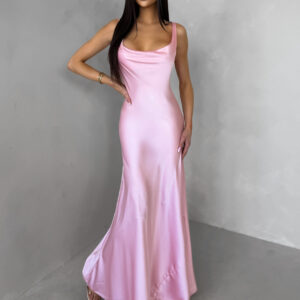 Růžové saténové dlouhé šaty MIREVE s odhalenými zády Velikost: ONESIZE