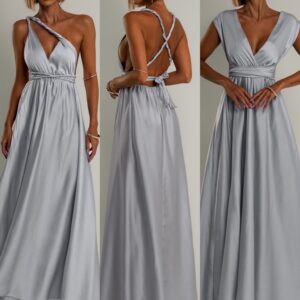 Šedé lesklé šaty VALERDY s variabilním vázáním / bez rozparku