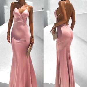 Starorůžové dlouhé saténové šaty MARSELLE s výstřihem Velikost: ONESIZE