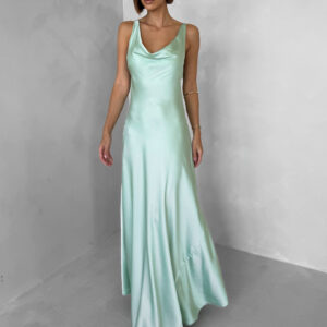 Světle zelené saténové dlouhé šaty MIREVE s odhalenými zády Velikost: ONESIZE