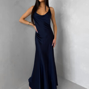 Tmavě modré saténové dlouhé šaty MIREVE s odhalenými zády Velikost: ONESIZE