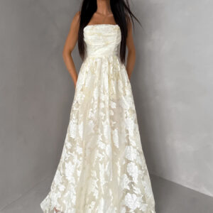 Vanilkové plesové dlouhé šaty MIRELLE s květinovým vzorem Velikost: M