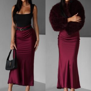 Vínová dlouhá saténová sukně REGENORY Velikost: ONESIZE