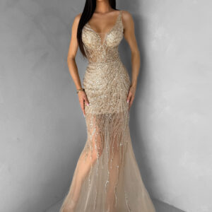 Zlaté třpytivé luxusní plesové nude šaty ROVENSA Velikost: XL