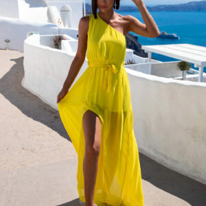 Žluté lehké dlouhé šaty LORRI na jedno rameno