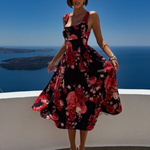 Černé květinové letní midi šaty FLARE Velikost: ONESIZE