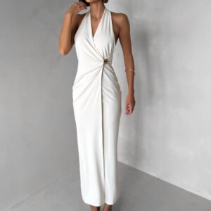 Krémové dlouhé elegantní společenské šaty KALIXA s výstřihem Velikost: ONESIZE