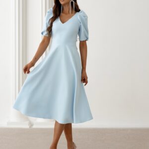 Světle modré elegantní společenské midi šaty ORLAYA Velikost: XXXL