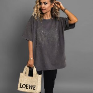 Šedé oversize tričko JOHANA s kamínky Velikost: ONESIZE
