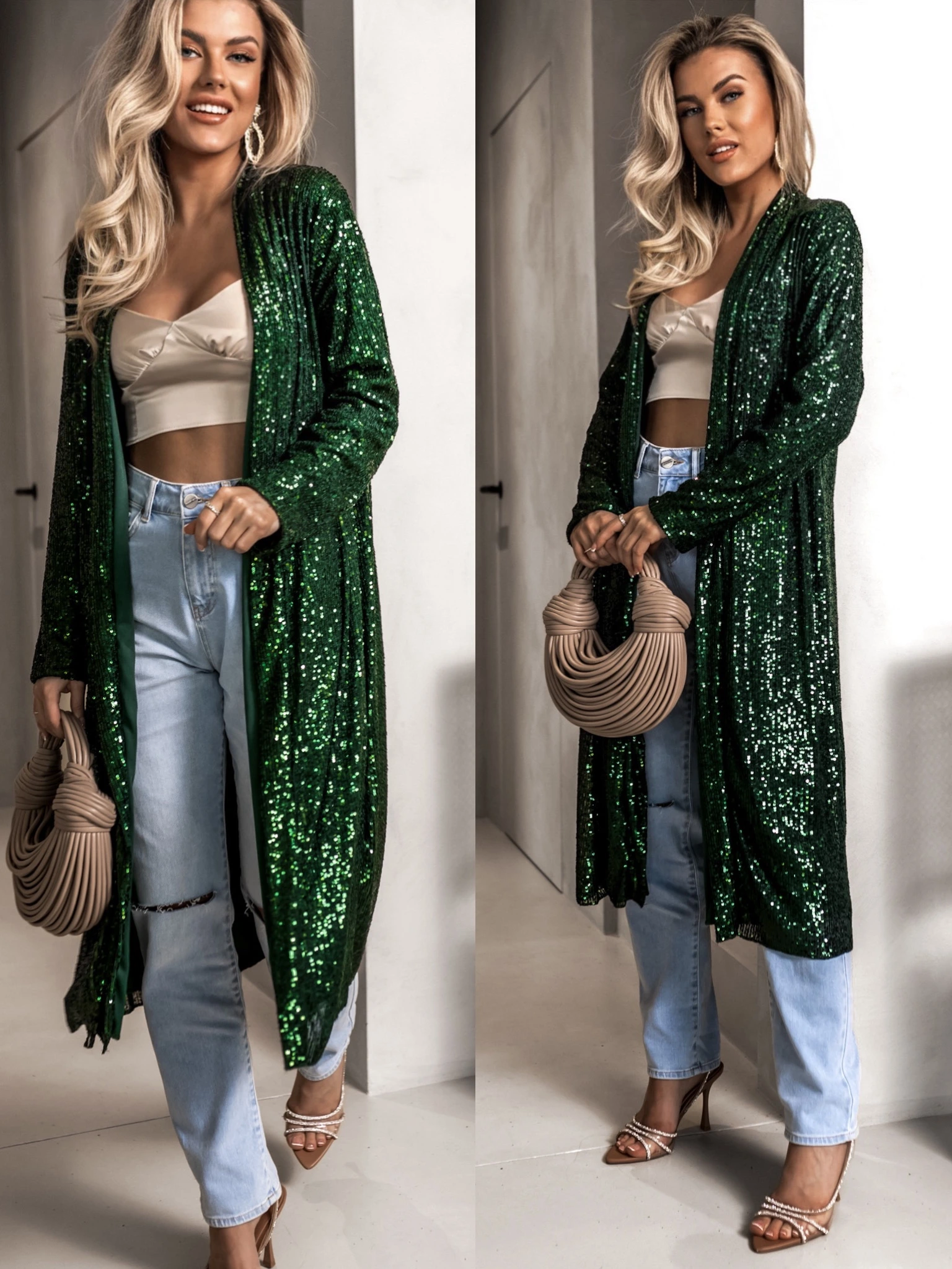 Zelený třpytivý cardigan YURIDIA s flitry Velikost: ONESIZE